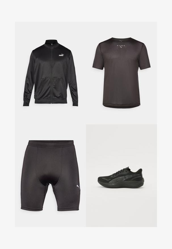 Black zip-up jacket made of smooth, shiny fabric. Features a high collar, two front pockets, and a white Puma logo on the left chest.; Black short-sleeved athletic shirt made of textured mesh fabric. Features a round neckline and printed "HYROX" logo on the front.; Black athletic shorts made of smooth, stretchy fabric. Features a fitted design, reinforced stitching, and a small white logo on the lower left side.; Black athletic shoe with a textured mesh upper, flat laces, and a cushioned sole featuring subtle reflective accents.