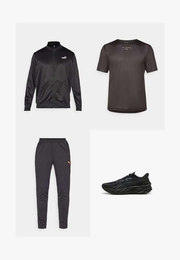 Melnā ar rāvējslēdzēju aizdaram veste, izgatavota no gludas, spīdīgas auduma. Tam ir augsta apkakle, divas priekšējās kabatas un balts Puma logotips kreisajā krūtī.; Melna īsa piedurkne sporta krekls, kas izgatavots no teksturēta tikšķu auduma. Iezīmē apļveida kakla izgriezumu un uzdrukātu "HYROX" logotipu priekšpusē.; Melnas sporta bikses, kas izgatavotas no viegla auduma, ar elastīgu jostasvietu un oranžu Puma logo kreisajā augšstilbā.; Melnas sporta kurpes ar strukturētu augšdaļu, izliekto zoli un pastiprinātu papēdi. Aprīkotas ar šņorēm un mazu sānu dizaina elementu.