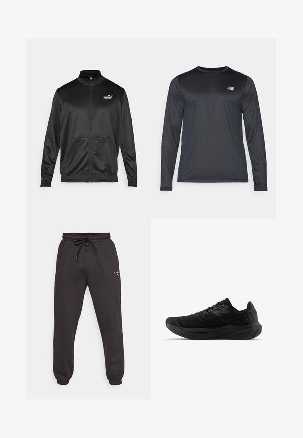 Czarna kurtka na zamek wykonana z gładkiego, błyszczącego materiału. Posiada wysoki kołnierz, dwie przednie kieszenie oraz białe logo Puma na lewej piersi.; Koszulka sportowa z długim rękawem w kolorze czarnym, wykonana z gładkiego, lekkiego materiału o subtelnej teksturze. Posiada małe logo na lewym górnym brzegu klatki piersiowej.; Czarne dresy z elastycznym paskiem w talii, sznurkiem do regulacji i ściągaczami u kostek. Posiadają logo nadrukowane na lewej udzie. Wykonane z miękkiego materiału.; Czarny but sportowy z teksturowaną cholewką, o smukłej sylwetce, z sznurówkami i grubszą podeszwą z bieżnikiem, zapewniającą lepszą przyczepność.