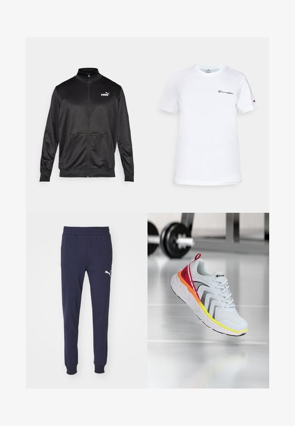 Casaco preto com fecho éclair, feito de um tecido liso e brilhante. Apresenta um colarinho alto, dois bolsos frontais e um logótipo branco da Puma no lado esquerdo do peito.; T-shirt de algodão branco com decote redondo, mangas curtas e um logótipo "Champion" bordado a preto no peito e como detalhe na manga.; Calças de treino azul marinho com uma cintura elástica, pernas ajustadas e um detalhe do logo da Puma em branco na coxa esquerda. Textura de tecido suave e macia.; Sapatilha atlética branca com parte superior em malha, detalhes coloridos em vermelho, laranja e amarelo, apresentando uma sola texturizada e detalhes em preto.