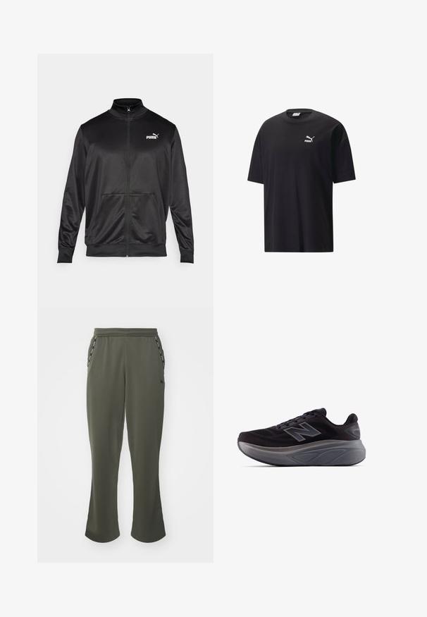 Schwarze Zip-Jacke aus glattem, glänzendem Stoff. Merkmale sind ein hoher Kragen, zwei Fronttaschen und ein weißes Puma-Logo auf der linken Brust.; Schwarzes Baumwoll-T-Shirt mit kurzen Ärmeln, Rundhalsausschnitt und einem weißen Puma-Logo auf der Brust. Schlichtes und unaufdringliches Design.; Olivgrüne Sweatpants mit lockerer Passform, elastischem Bund, Seitentaschen und kontrastierenden schwarzen Akzenten an den Taschen. Weicher Stoff.; Schwarzer Sport Schuh mit strukturiertem Obermaterial, verstärktem Absatz und dicker grauer Sohle. Verfügt über ein auffälliges "N"-Logo.
