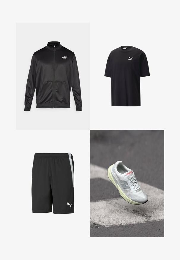 Juodas zip-up švarkas, pagamintas iš lygaus, blizgaus audinio. Turintis aukštą apykaklę, dvi priekinės kišenes ir baltą Puma logotipą kairiajame krūtinės kampe.; Juodas medvilnės marškinėliai trumpomis rankovėmis, apvali iškirptė ir balta Puma logotipas ant krūtinės. Paprastas ir nepuošnus dizainas.; Juodieji sportiniai šortai, pagaminti iš lengvos medžiagos, su balta šonine juostele ir balta Puma logotipu apatiniame kairiajame priekyje.; Lengvi bėgimo bateliai su balta tinkline viršutinės dalies medžiaga, geltonu vidpadžiu ir pilkais akcentais. Sukurti su išsiskiriančiu „N“ logotipu ir tekstūruota paviršiumi.