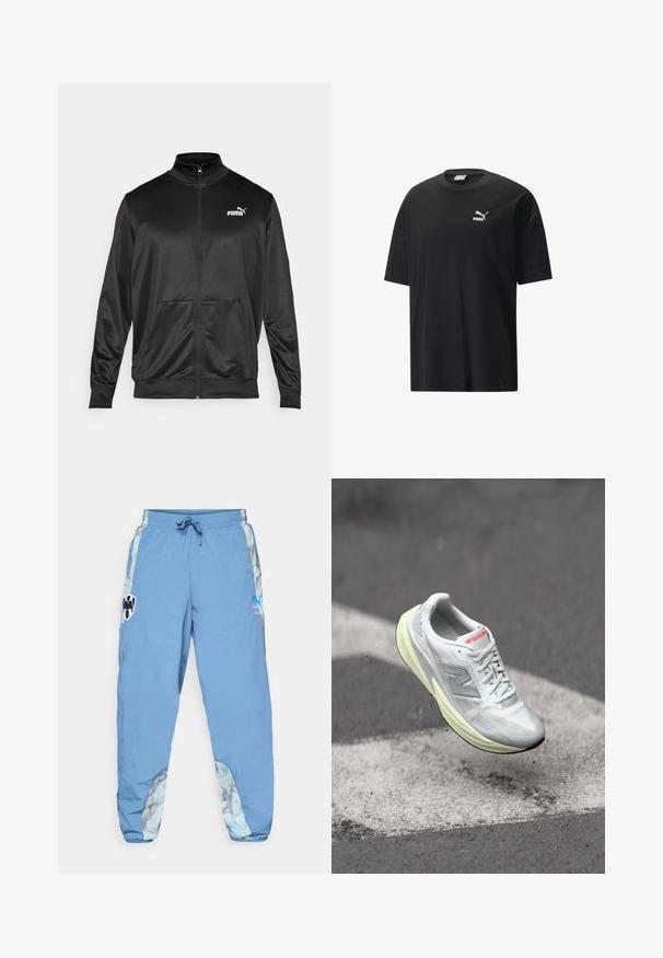 Juodas zip-up švarkas, pagamintas iš lygaus, blizgaus audinio. Turintis aukštą apykaklę, dvi priekinės kišenes ir baltą Puma logotipą kairiajame krūtinės kampe.; Juodas medvilnės marškinėliai trumpomis rankovėmis, apvali iškirptė ir balta Puma logotipas ant krūtinės. Paprastas ir nepuošnus dizainas.; Šviesiai mėlynos sportinės kelnės su elastine juosta, šoninėmis kišenėmis ir abstrakčiais raštais apatiniuose šonuose. Įvairūs logotipo akcentai.; Lengvi bėgimo bateliai su balta tinkline viršutinės dalies medžiaga, geltonu vidpadžiu ir pilkais akcentais. Sukurti su išsiskiriančiu „N“ logotipu ir tekstūruota paviršiumi.