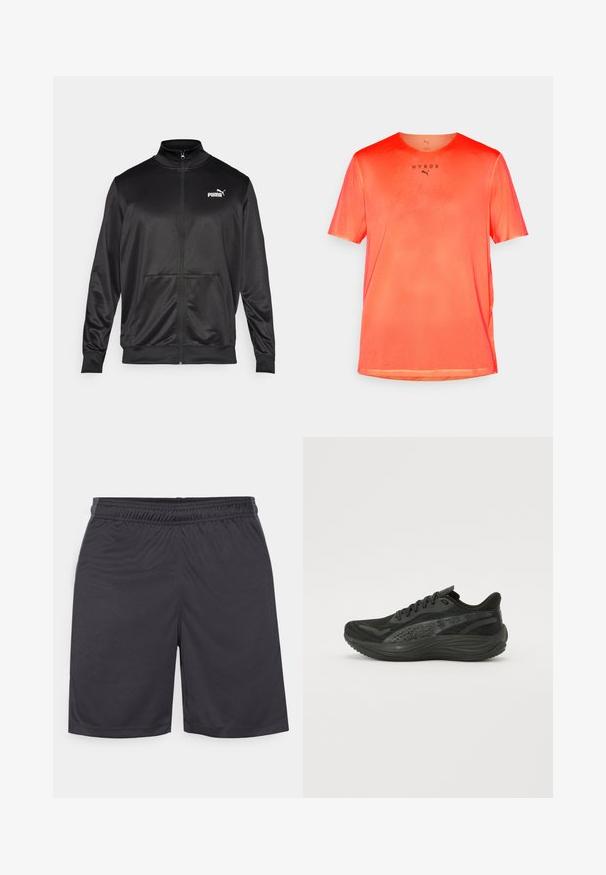 Črna jakna na zadrgo iz gladkega, sijočega materiala. Ima visok ovratnik, dva sprednja žepa in belo Puma logotip na levem prsnem delu.; Rdeča mrežasta športna majica s kratkimi rokavi, okroglim izrezom in črnim napisom "HYROX" spredaj. Lahka, zračna tkanina z teksturirano površino.; Črne atletske kratke hlače iz gladkega, lahkotnega materiala. Imajo elastičen pas in šivani rob, brez vidnih žepov ali vzorcev.; Črne atletske čevlje z mrežasto zgornjim delom, ravnimi vezalkami in oblazinjeno podplat, ki ima subtilne odsevne akcentne.