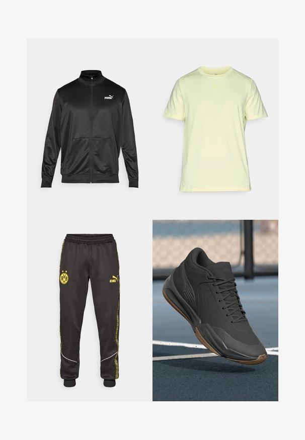 Svart zip-up jakke laget av glatt, skinnende stoff. Har høy krage, to frontlommer og en hvit Puma-logo på venstre bryst.; Lys gul atletisk t-skjorte laget av myk, lettvektig stoff. Har rund hals og korte ermer med en subtil logo på brystet.; Svarte treningsbukser med gule Borussia Dortmund BVB 09 og Puma King-logoer, elastisk liv, og mønstrede gule sidestriper.; Svarte treningssko med en glatt syntetisk overdel, teksturerte detaljer og en såle av gummigummi, designet for ytelse og komfort.