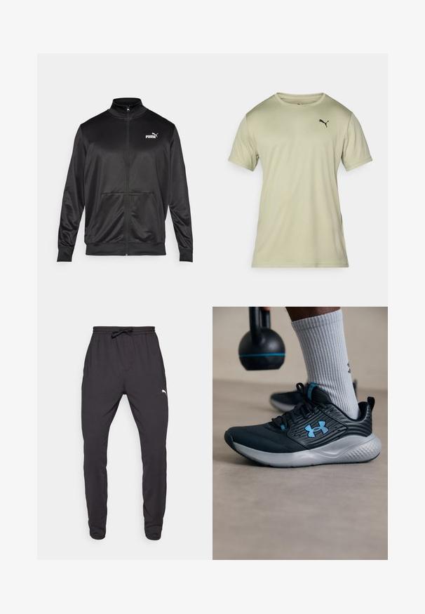 Sort zip-jakke lavet af glat, skinnende stof. Har en høj krave, to forlommer og et hvidt Puma-logo på venstre bryst.; Lys grøn kortærmet T-shirt lavet af blød stof, med rund hals og et lille sort Puma-logo på brystet.; Sorte atletiske bukser lavet af blødt stof, med en elastisk talje og snoretræk, sidelommer og et lille logo på den nederste del af benet.; Sort atletiksko med blå accenter, struktureret overdel og grå sål. Båret med grå ribbede sokker, ved siden af en sort kettlebell.