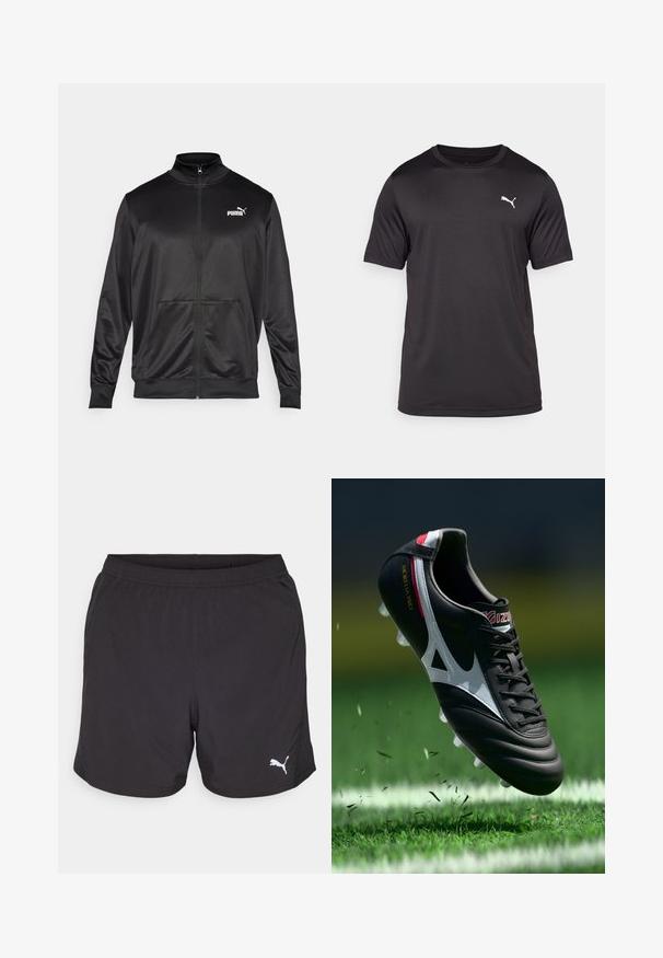 Melnā ar rāvējslēdzēju aizdaram veste, izgatavota no gludas, spīdīgas auduma. Tam ir augsta apkakle, divas priekšējās kabatas un balts Puma logotips kreisajā krūtī.; Melna sporta T-krekls izgatavots no mitrumu izturoša auduma, ar apaļu kakla izgriezumu, īsām piedurknēm, ar mazu baltu logotipu kreisajā krūtī.; Melnas sporta šortus, izgatavotus no viegla auduma, ar elastīgu jostasvietu un mazu balto Puma logotipu kreisajā pusē.; Melna futbola zābaki ar baltām detaļām, ādas virsma, paceltas šņores un seši caurspīdīgi tapu, kas atrodas virs zaļas zāles ar izkliedētu atkritumu.