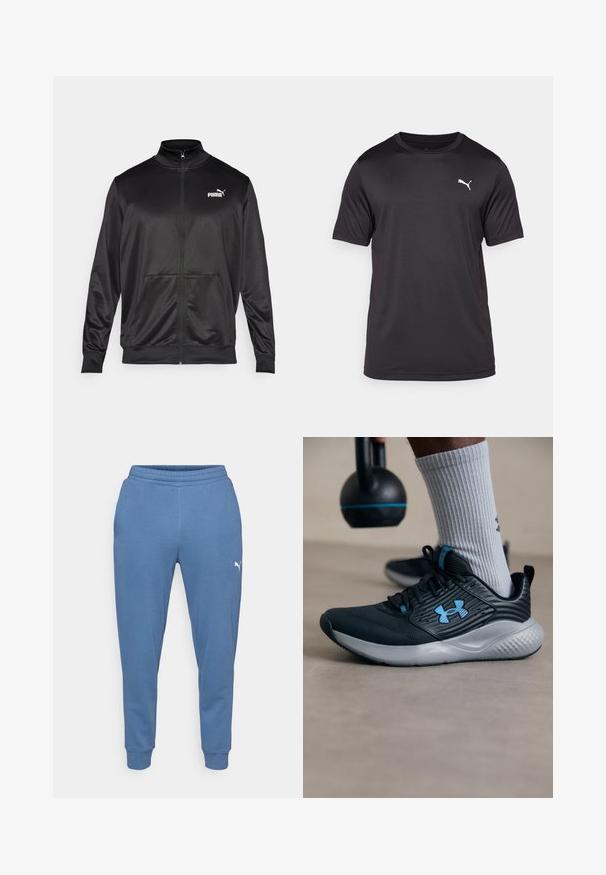 Sort zip-jakke lavet af glat, skinnende stof. Har en høj krave, to forlommer og et hvidt Puma-logo på venstre bryst.; Sort atletisk t-shirt lavet af fugtabsorpterende stof, rund hals, korte ærmer, med et lille hvidt logo på venstre bryst.; Blå sweatpants lavet af blød stof, med elastisk talje og tapered ben, forsynet med et lille hvidt logo på venstre lår.; Sort atletiksko med blå accenter, struktureret overdel og grå sål. Båret med grå ribbede sokker, ved siden af en sort kettlebell.