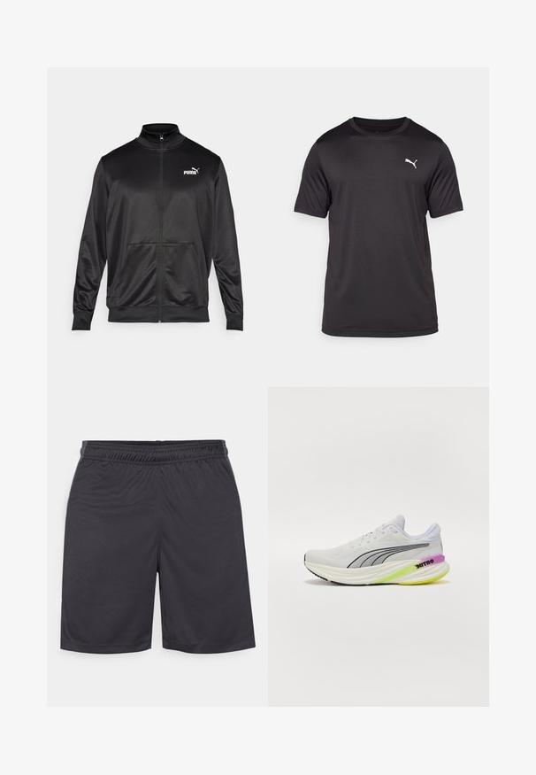 Czarna kurtka na zamek wykonana z gładkiego, błyszczącego materiału. Posiada wysoki kołnierz, dwie przednie kieszenie oraz białe logo Puma na lewej piersi.; Czarna koszulka sportowa z tkaniny odprowadzającej wilgoć, okrągły dekolt, krótkie rękawy, z małym białym logo na lewej piersi.; Czarne spodenki sportowe wykonane z gładkiego, lekkiego materiału. Posiadają elastyczny pasek w talii oraz przyszyty dół, bez widocznych kieszeni czy wzorów.; Białe sportowe buty z przewiewną siateczką, czarnymi akcentami i kolorową podeszwą z purpurowymi i zielonymi detalami.