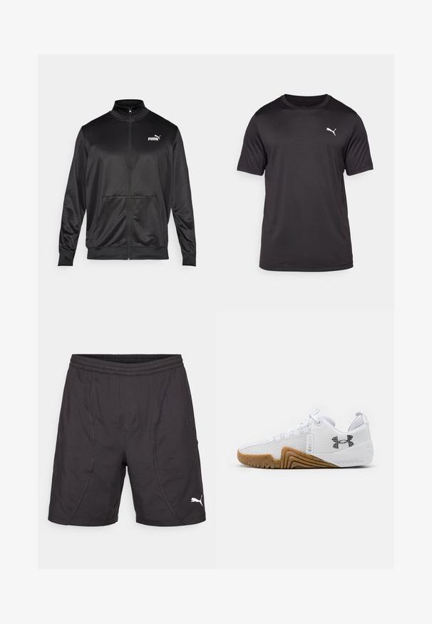 Svart zip-up jakke laget av glatt, skinnende stoff. Har høy krage, to frontlommer og en hvit Puma-logo på venstre bryst.; Svart treningskjorte laget av fukttransporterende stoff, rund hals, kortermet, med en liten hvit logo på venstre bryst.; Svarte treningsshorts laget av syntetisk materiale, med elastisk midjebånd, sidesømmer og en hvit Puma-logo nederst til høyre.; Hvite joggesko med mesh-overdel, gummisåle i kamskjellfarge, teksturerte detaljer og en svart logo på siden.
