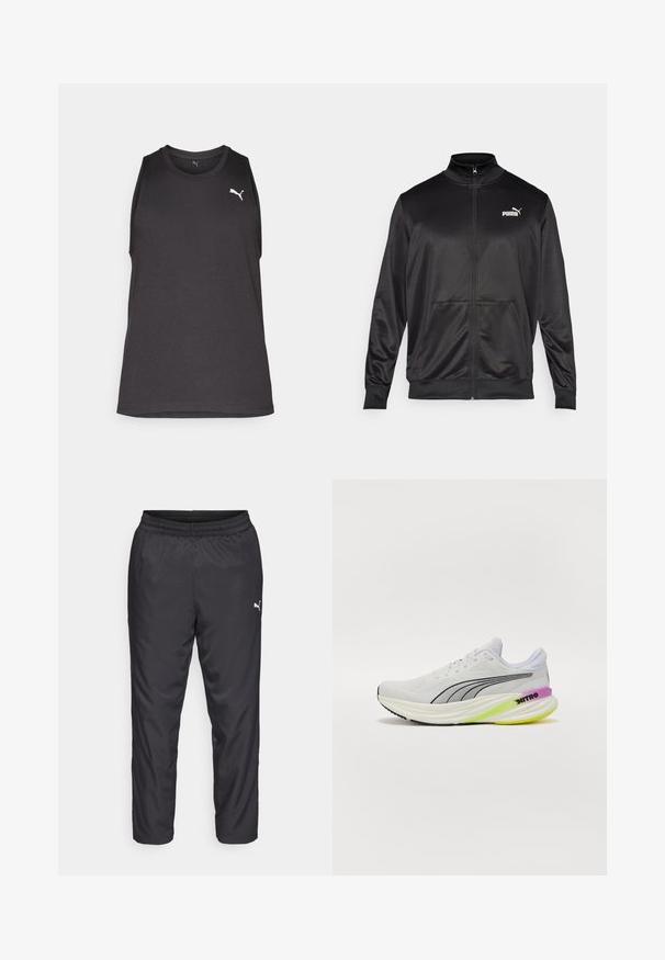 Fekete, sima, fényes anyagból készült, cipzáros dzseki. Magas gallérral, két elülső zsebbel és fehér Puma logóval rendelkezik a bal mellrészen.; Fekete ujjatlan sportos trikó sima anyagból, fehér Puma logóval a bal mellen és kerek nyakkivágással.; Fekete sportos nadrág sima, könnyű anyagból. Rugalmas derékkal rendelkezik, és a bal oldalon egy kis fehér logó található.; Fehér sportcipő légáteresztő hálós felsőrésszel, fekete részletekkel és több színű talppal, amely lila és zöld elemeket tartalmaz.