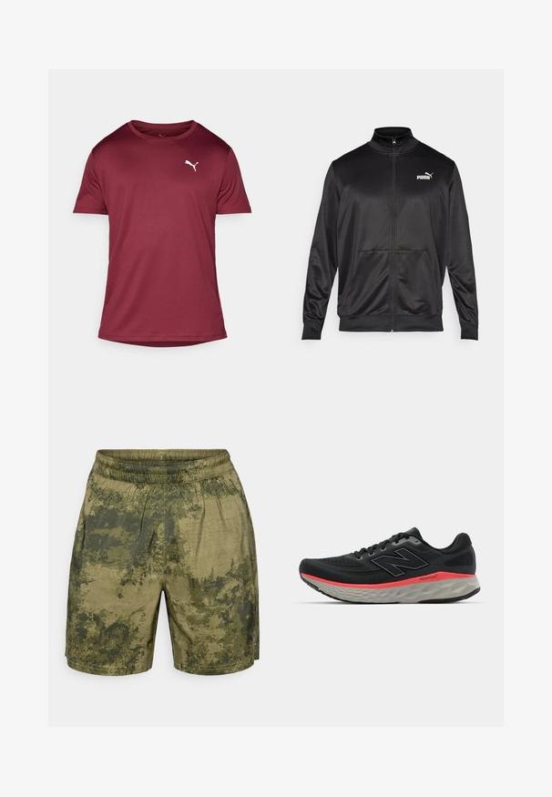 Crna jakna na zip od glatkog, sjajnog materijala. Ima visoki ovratnik, dva prednja džepa i bijeli Puma logo na lijevoj strani grudnog koša.; Bordo majica s kratkim rukavima napravljena od glatkog materijala, s okruglim izrezom i bijelim Puma logotipom na lijevom prsnom dijelu. Jednostavan dizajn.; Šorc s kamuflažnim uzorkom u nijansama zelene, izrađen od lagane tkanine s elastičnom gumom u struku i opuštenim krojem.; Crne trkačke tenisice s mrežastim gornjim dijelom, naglašene ružičastom prugom na srednjem dijelu i sivim potplatom. Sadrže teksturirane detalje i fleksibilan dizajn potplata.