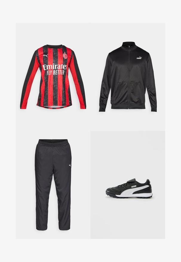 Schwarze Zip-Jacke aus glattem, glänzendem Stoff. Merkmale sind ein hoher Kragen, zwei Fronttaschen und ein weißes Puma-Logo auf der linken Brust.; Rot-schwarzes Fußballtrikot mit langen Ärmeln und einem strukturierten Streifendesign, ausgestattet mit einem Rundhalsausschnitt und einem Frontlogo "Emirates Fly Better."; Schwarze Sporthosen aus glattem, leichtem Material. Sie verfügen über einen elastischen Bund und ein kleines weißes Logo auf der linken Seite.; Schwarzer Low-Top-Fußballschuh mit weißem Seitenstreifen, strukturierten Sohlen, schnürbarem Vorderteil und Velcro-Lasche über den Schnürsenkeln auf einfarbigem Hintergrund.