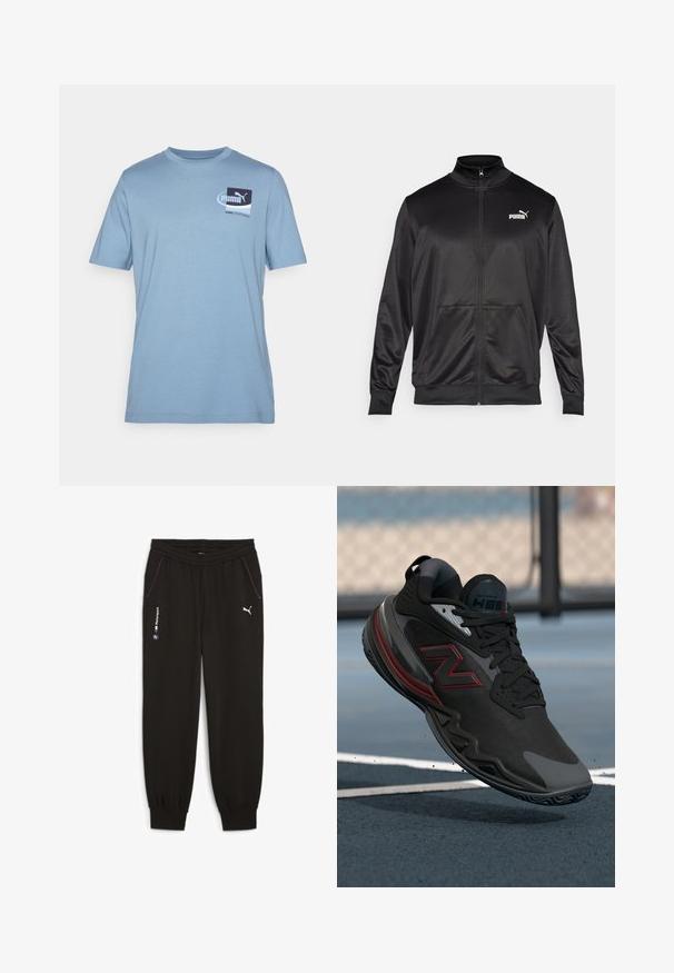 Chaqueta negra con cremallera hecha de un tejido liso y brillante. Presenta un cuello alto, dos bolsillos frontales y un logo blanco de Puma en el lado izquierdo del pecho.; Camiseta de algodón azul claro con mangas cortas, que presenta un diseño de logo cuadrado en azul oscuro y blanco en el lado izquierdo del pecho.; Pantalones de chándal negros con cintura elástica, que cuentan con dos bolsillos laterales, acentos morados y logotipos de BMW Motorsport y Puma.; Zapatilla deportiva negra con parte superior texturizada, acentos rojos y suela de goma. Presenta un perfil bajo y punta reforzada.