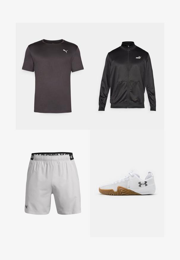 Casaco preto com fecho éclair, feito de um tecido liso e brilhante. Apresenta um colarinho alto, dois bolsos frontais e um logótipo branco da Puma no lado esquerdo do peito.; T-shirt preta de manga curta feita de um tecido leve e suave. Apresenta um decote redondo e um pequeno logótipo branco da Puma no peito.; Calções atléticos cinza claro feitos de um tecido respirável. Apresentam uma cintura elástica com um logótipo preto e bolsos laterais.; Ténis atléticos brancos com parte superior em malha, sola de borracha na cor âmbar, detalhes texturizados e um logótipo preto de um lado.