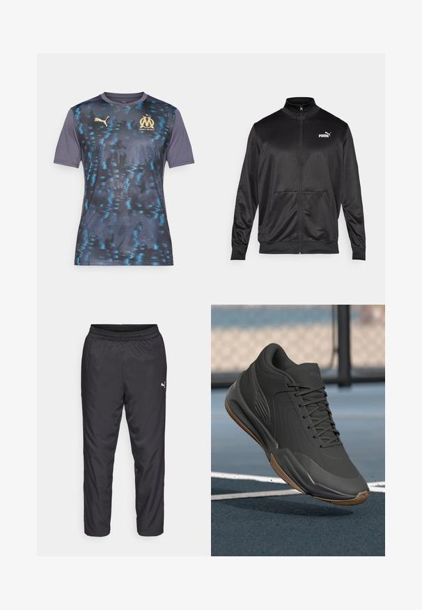 Črna jakna na zadrgo iz gladkega, sijočega materiala. Ima visok ovratnik, dva sprednja žepa in belo Puma logotip na levem prsnem delu.; Moška Puma majica v mornarsko modri barvi s teksturiranim vzorcem, ki ima modre detajle. Zlata Marseillejeva značka in besedilo "Droit au But", kratki rokavi.; Črne športne hlače iz gladkega, lahkega materiala. Imajo elastičen pas in mali bel logotip na levi strani.; Črne atletske čevlje z gladkim sintetičnim zgornjim delom, teksturiranimi dodatki in gumijastim podplatom, zasnovani za zmogljivost in udobje.