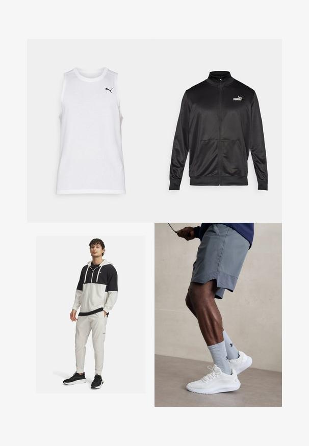 Must läikivast ja siledast kangast must kapuutsiga jakk. Omab kõrget kaelust, kahte esi-taskut ja valget Puma logo vasakul rinnal.; Valge ilma varrukateta särk, mis on valmistatud kerge materjali, ümmarguse kaeluse ja väikese musta logoga vasakul rinnapiha juures.; Mustaga ja valget värvi kapuutsiga spordijope, millel on taskud ja tõmblukk; sobitatud valgete joggeritega, millel on taskud ja elastsed mansetid; mustad spordijalatsid.; Valged spordijalatsid tekstuurse võrguga pealispinnaga, millele on lisatud helesinised ribakujulised sokid logoga. Hallid spordilühikesed püksid, millel on perforeeritud ääred.