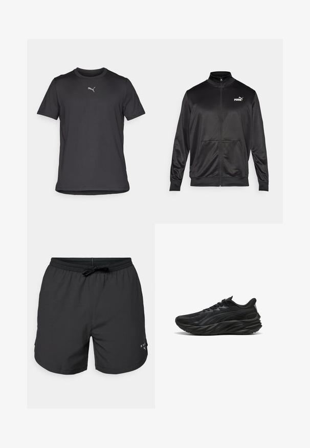 Černá bunda na zip vyrobená z hladké, lesklé látky. Má vysoký límec, dvě přední kapsy a bílé logo Puma na levé straně hrudi.; Černé sportovní tričko s krátkým rukávem vyrobené z lehkého materiálu. Obsahuje malé reflexní logo na hrudi a kulatý výstřih.; Černé plavkové šortky s elastickým pasem a stahovací šňůrkou. Lehce látka s bočními kapsami. Obsahuje malé logo na lemu.; Černá sportovní bota s texturovaným svrchním materiálem, zakřivenou podrážkou a vyztuženou patou. Obsahuje tkaničky a decentní boční designový prvek.