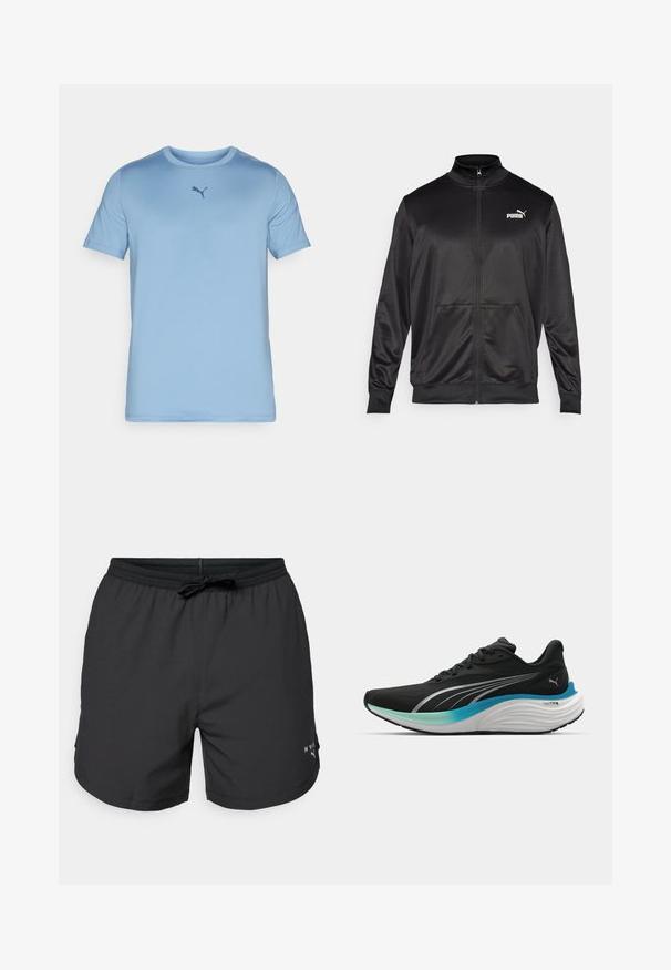 Chaqueta negra con cremallera hecha de un tejido liso y brillante. Presenta un cuello alto, dos bolsillos frontales y un logo blanco de Puma en el lado izquierdo del pecho.; Camiseta de manga corta color azul claro, hecha de una tela suave. Presenta un cuello redondo y un pequeño logo de Puma en azul oscuro en el pecho.; Bañador negro con cintura elástica y cordón. Tela ligera con bolsillos laterales. Presenta un pequeño logo en el dobladillo.; Zapatilla deportiva negra con parte superior transpirable, acentos plateados y una plantilla acolchada con un diseño degradado en azul-verde.