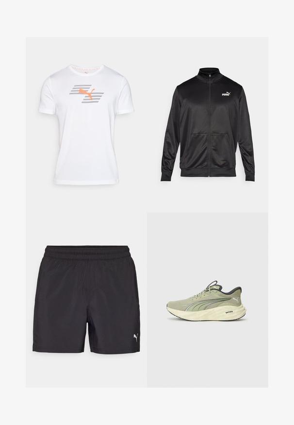 Must läikivast ja siledast kangast must kapuutsiga jakk. Omab kõrget kaelust, kahte esi-taskut ja valget Puma logo vasakul rinnal.; Valge lühikeste varrukatega T-särk, millel on sile kangas, esiküljel oranž Puma logo ja hallid triibud. Ümmargune kaelus.; Mustad mustriga lühikesed püksid, elastse vöökoha ja kerge materjaliga, millel on alumises servas väike valge logo.; Heledad roheline jooksujalats, millel on tekstureeritud võrkkangas, peegeldavad detailid, paks pehmendusega tallad ja mustad aktsendid kandjal ja väljatõukepinnal.