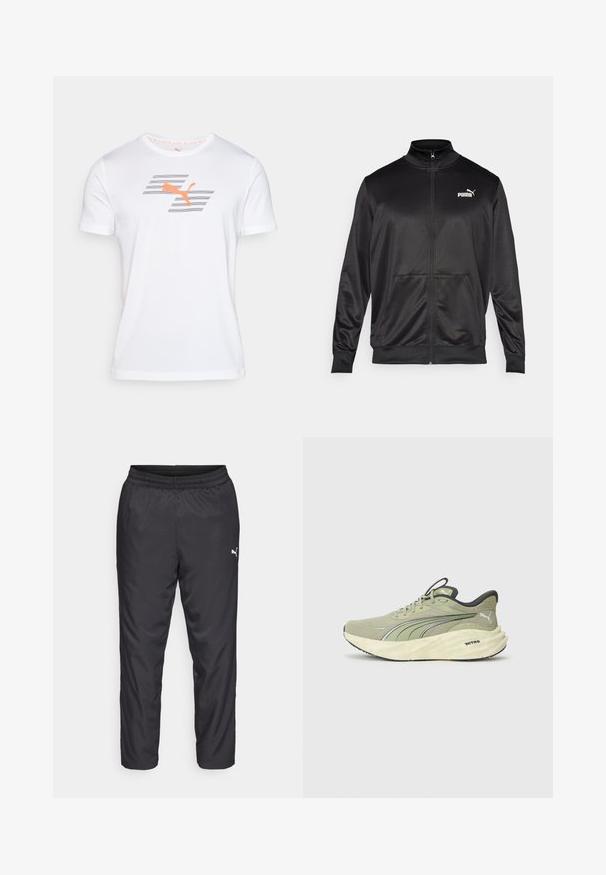 Casaco preto com fecho éclair, feito de um tecido liso e brilhante. Apresenta um colarinho alto, dois bolsos frontais e um logótipo branco da Puma no lado esquerdo do peito.; T-shirt branca de manga curta feita de tecido suave, com um logo laranja da Puma e detalhes em cinza listrados na frente. Decote em crew.; Calças de treino negras feitas de material liso e leve. Apresenta um cós elástico e um pequeno logótipo branco no lado esquerdo.; Sapatilhas de corrida verde claro com parte superior em malha texturizada, pormenores refletivos, sola espessa e acolchoada, e detalhes em preto no calcanhar e na sola.
