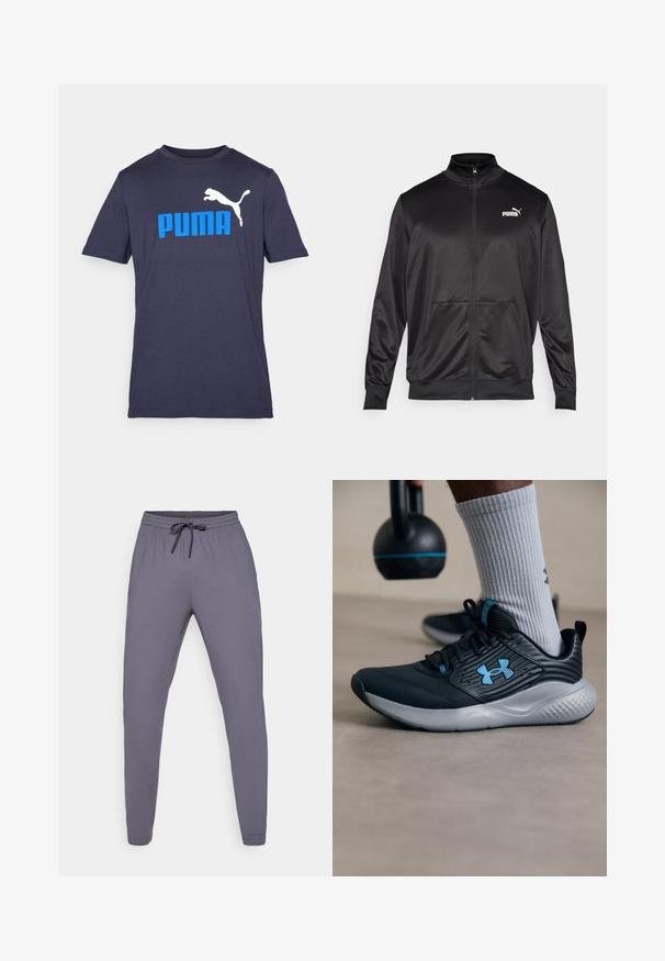 Black zip-up jacket made of smooth, shiny fabric. Features a high collar, two front pockets, and a white Puma logo on the left chest.; Navy blue cotton T-shirt with short sleeves, featuring a large white leaping puma logo and bold blue "PUMA" text on the front.; Gray athletic pants with an elastic waistband and drawstring. Smooth texture, tapered leg design, featuring a small logo on the side.; Black athletic shoe with blue accents, textured upper, and gray sole. Worn with gray ribbed socks, beside a black kettlebell.