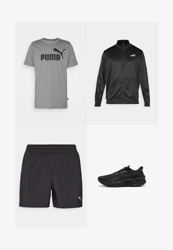 Svart zip-up jakke laget av glatt, skinnende stoff. Har høy krage, to frontlommer og en hvit Puma-logo på venstre bryst.; Grå bomull t-skjorte med svart "PUMA" logo og et grafikk av en hoppende pumah på brystet. Korte ermer og rund hals.; Svartidrettsshorts med elastisk midje, laget av lett materiale, med en liten hvit logo på den nedre siden.; Svart atletisk sko med teksturert overdel, buet såle og forsterket hæl. Har snøring og et subtilt designelement på siden.