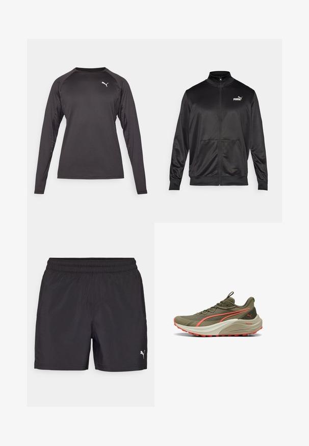 Giacca nera con zip realizzata in tessuto liscio e lucido. Presenta un colletto alto, due tasche frontali e un logo Puma bianco sul lato sinistro del petto.; Maglietta sportiva a maniche lunghe nera, con un tessuto morbido, pannelli laterali a contrasto con motivo e un piccolo logo bianco sul petto.; Shorts sportivi neri con elastico in vita, realizzati in materiale leggero, con un piccolo logo bianco sul lato inferiore.; Scarpa da corsa verde oliva con tomaia testurizzata, dettagli corallo e una spessa suola intermedia bianca. Presenta una suola in gomma resistente per una buona aderenza.