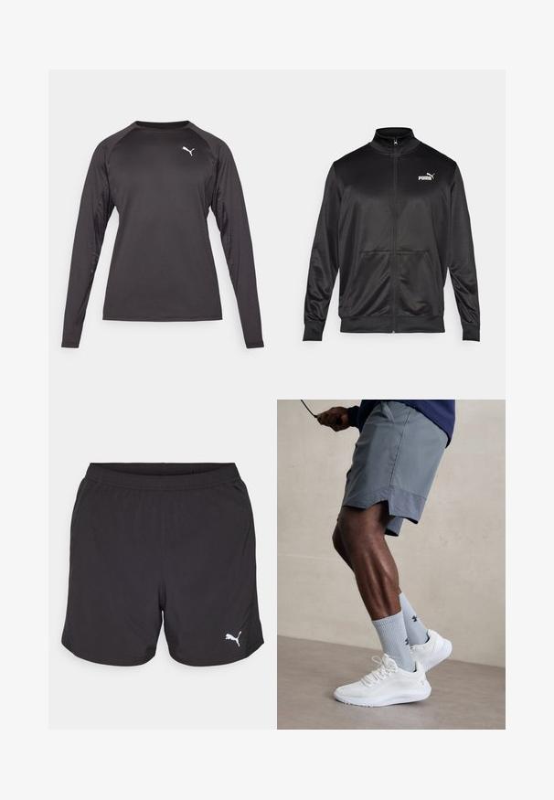 Juodas zip-up švarkas, pagamintas iš lygaus, blizgaus audinio. Turintis aukštą apykaklę, dvi priekinės kišenes ir baltą Puma logotipą kairiajame krūtinės kampe.; Juodos spalvos ilgomis rankovėmis sportinė marškinė, pasižyminti lygia medžiaga, kontrastinėmis raštuotomis šoninėmis juostomis ir maža balta emblema ant krūtinės.; Juodi sportiniai šortai, pagaminti iš lengvos medžiagos, su elastingu juosmeniu ir mažo balto Puma logotipo kairėje pusėje.; Balti sportiniai bateliai su tekstūruotu tinkleliu viršuje, derinami su šviesiai mėlynomis ribotomis kojinėmis su logotipu. Pilki sportiniai šortai su perforuota apdaila.