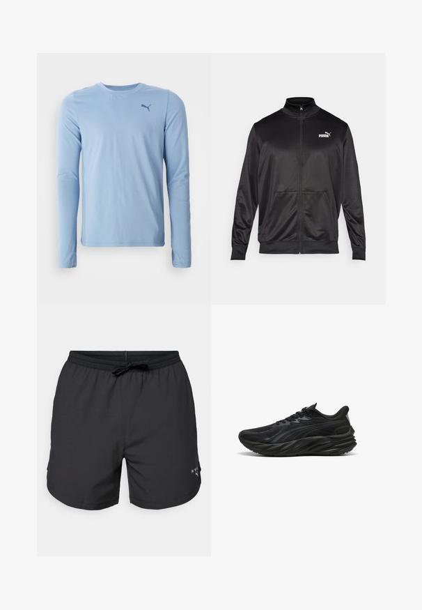 Schwarze Zip-Jacke aus glattem, glänzendem Stoff. Merkmale sind ein hoher Kragen, zwei Fronttaschen und ein weißes Puma-Logo auf der linken Brust.; Hellsblaues Langarmshirt aus weichem, elastischem Material. Mit Rundhalsausschnitt und kleinem dunklen Logo auf der linken Brust.; Schwarze Badeshorts mit elastischem Bündchen und Kordelzug. Leichtes Material mit Seitentaschen. Mit einem kleinen Logo am Saum.; Schwarzer Sportschuh mit einer strukturierten Oberseite, gewölbter Sohle und verstärktem Fersenbereich. Verfügt über Schnürsenkel und ein dezentes seitliches Designelement.