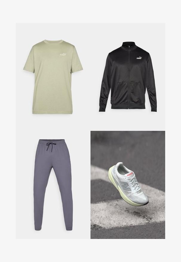 Čierna zipsová bunda vyrobená z hladkej, lesklej textílie. Má vysoký golier, dve predné vrecká a biele logo Puma na ľavej hrudi.; Olivovo zelené tričko s okrúhlym výstrihom a krátkymi rukávmi. Obsahuje malé biele logo Puma na hrudi. Vyrobené z jemnej, ľahkej tkaniny.; Sivé športové nohavice s elastickým pásom a šnúrkou. Hladká textúra, zúžený strih nohavíc, s malým logom na boku.; Ľahká bežecká obuv s bielou sieťovinou na hornej časti, žltou medzipodrážkou a sivými akcentmi. Vyznačuje sa výrazným logom 'N' a textúrovaným povrchom.