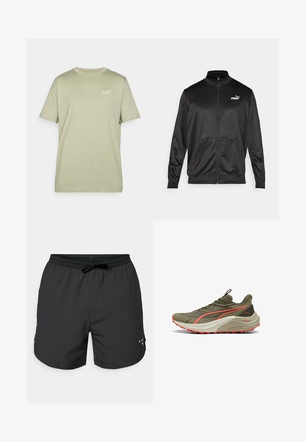 Melnā ar rāvējslēdzēju aizdaram veste, izgatavota no gludas, spīdīgas auduma. Tam ir augsta apkakle, divas priekšējās kabatas un balts Puma logotips kreisajā krūtī.; Olīvu zaļš t-krekls ar apaļu kaklu un īsām piedurknēm. Uz krūšu daļas ir maza balta Puma logo. Izgatavots no mīksta, viegla auduma.; Melnas peldbikses ar elastīgu jostasvietu un auklu. Vieglas audums ar sānu kabatām. Satur mazu logo uz apakšmalas.; Olīvu zaļas skriešanas apavi ar teksturētu virsu, korallkrāsas akcentiem un biezu baltu starpposmu. Iespējo izturīgu gumijas zoli saķerei.