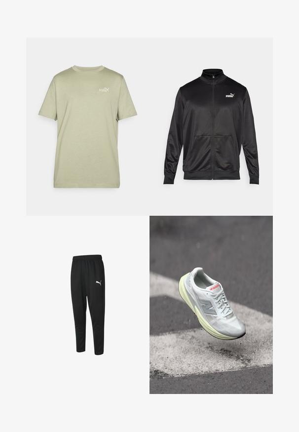 Crna jakna na zip od glatkog, sjajnog materijala. Ima visoki ovratnik, dva prednja džepa i bijeli Puma logo na lijevoj strani grudnog koša.; Majica maslinaste boje s okruglim izrezom i kratkim rukavima. Na prsima se nalazi mali bijeli Puma logo. Izrađena je od mekog, laganog materijala.; Crne atletske hlače od glatkog materijala, s pojasom na vezanje, suženim nogavicama i malim bijelim Puma logotipom s lijeve strane.; Lagani trkački tenisice s bijelim mrežastim gornjim dijelom, žutom srednjom dijelom i sivim naglascima. Imaju istaknuti 'N' logo i teksturiranu površinu.