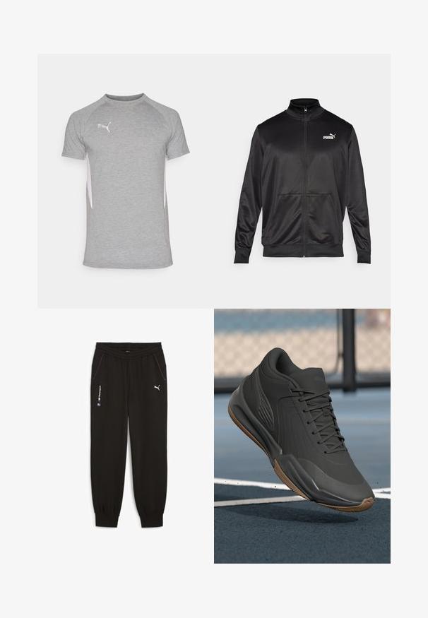 Melnā ar rāvējslēdzēju aizdaram veste, izgatavota no gludas, spīdīgas auduma. Tam ir augsta apkakle, divas priekšējās kabatas un balts Puma logotips kreisajā krūtī.; Pelēks sporta T-krekls ar īsām piedurknēm, ar apaļu kakla izgriezumu un baltām sānu paneļiem. Logo augšējā kreisajā krūtī.; Melnie sporta bikses ar elastīgu jostasviedi, ar divām sānu kabatām, violetiem akcentiem un logotipiem BMW Motorsport un Puma.; Melna sporta apava ar gludu sintētisku virsu, teksturētām akcentiem un gumijas zoli, kas izstrādāta veiktspējai un komfortam.