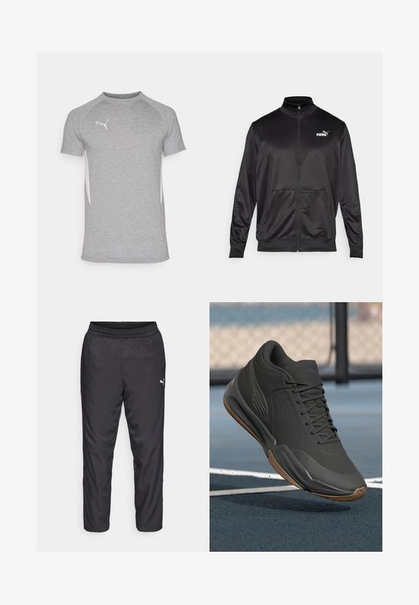 Černá bunda na zip vyrobená z hladké, lesklé látky. Má vysoký límec, dvě přední kapsy a bílé logo Puma na levé straně hrudi.; Šedé sportovní tričko s krátkými rukávy, klasický dekolt a bílé postranní panely. Logo na horní levé části hrudi.; Černé sportovní kalhoty vyrobené z hladkého, lehkého materiálu. Mají elastický pas a malé bílé logo na levé straně.; Černá sportovní obuv s hladkým syntetickým svrškem, texturovanými akcenty a gumovou podrážkou, navržená pro výkon a pohodlí.