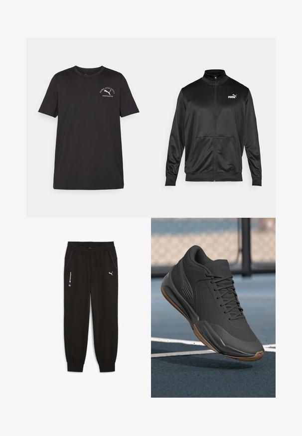 Must läikivast ja siledast kangast must kapuutsiga jakk. Omab kõrget kaelust, kahte esi-taskut ja valget Puma logo vasakul rinnal.; Must värvi puuvillane t-särk lühikeste varrukatega, ümar kaelus ja väike valge logo disain, mis kujutab jooksvat kassi ja teksti vasakul ülal nurgas.; Must värvi dressipüksid elastse vööga, millel on kaks küljetaskut, lillad aktsendid ja logod BMW Motorsportile ning Pumale.; Mustad mustreejal, millel on sile sünteetiline pealis, tekstuuriga aktsendid ja kummist tallad, loodud soorituse ja mugavuse tagamiseks.