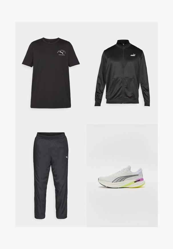 Chaqueta negra con cremallera hecha de un tejido liso y brillante. Presenta un cuello alto, dos bolsillos frontales y un logo blanco de Puma en el lado izquierdo del pecho.; Camiseta de algodón negra con mangas cortas, cuello redondo y un pequeño diseño de logo blanco que presenta un gato corriendo y texto en la parte superior izquierda.; Pantalones deportivos negros hechos de un material liso y ligero. Presenta una cintura elástica y un pequeño logo blanco en el lado izquierdo.; Zapatilla deportiva blanca con parte superior de malla transpirable, detalles en negro y una suela multicolor con detalles en morado y verde.