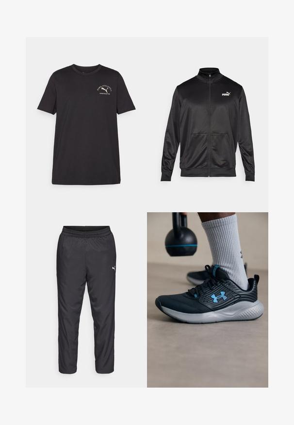 Sort zip-jakke lavet af glat, skinnende stof. Har en høj krave, to forlommer og et hvidt Puma-logo på venstre bryst.; Sort bomulds T-shirt med korte ærmer, rund hals og et lille hvidt logo-design med en løbende kat og tekst øverst til venstre.; Sorte træningsbukser lavet af glat, let materiale. Har en elastisk talje og et lille hvidt logo på venstre side.; Sort atletiksko med blå accenter, struktureret overdel og grå sål. Båret med grå ribbede sokker, ved siden af en sort kettlebell.