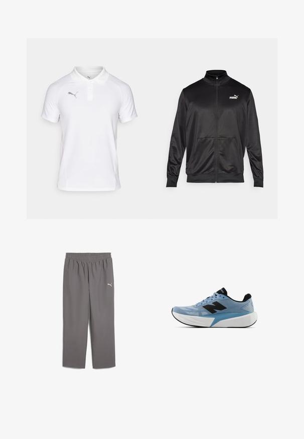 Black zip-up jacket made of smooth, shiny fabric. Features a high collar, two front pockets, and a white Puma logo on the left chest.; White polo shirt made of lightweight fabric with a classic collar and short sleeves. Features a grey Puma logo on the left chest.; Gray athletic pants with an elastic waistband, made of lightweight fabric. Features a small white logo on the left leg.; Light blue running shoe with black logo, thick white sole, and black inner lining, viewed from the side on a white background.