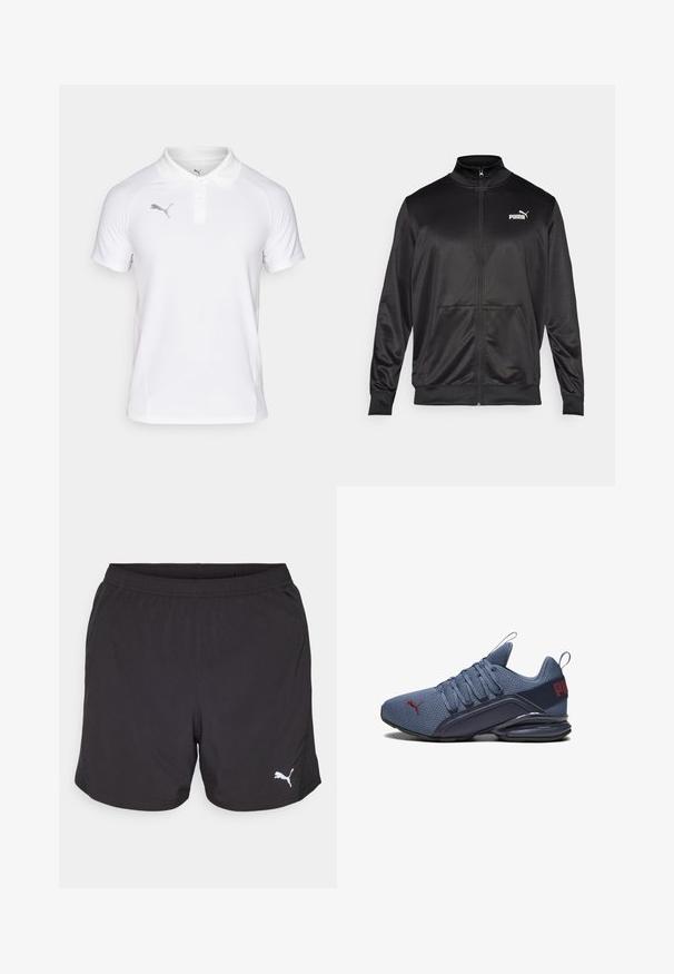 Sort zip-jakke lavet af glat, skinnende stof. Har en høj krave, to forlommer og et hvidt Puma-logo på venstre bryst.; Hvid polo skjorte lavet af letvægtsstof med klassisk krave og korte ærmer. Har et gråt Puma-logo på venstre bryst.; Sorte atletiske shorts lavet af letvægtsstof, med en elastisk talje og et lille hvidt Puma-logo på venstre side.; Blå atletisk sko med en mesh-overdel, der har en solid gummisål, fremtrædende logo-detalje og snørebåndslukning for en tætsiddende pasform.