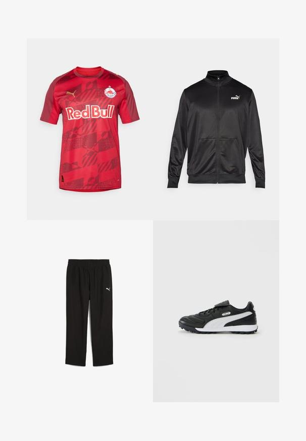 Giacca nera con zip realizzata in tessuto liscio e lucido. Presenta un colletto alto, due tasche frontali e un logo Puma bianco sul lato sinistro del petto.; Maglia da football rossa con maniche corte, scollo tondo e un motivo a gradiente. Sul davanti è presente il logo "Red Bull", il simbolo della squadra e il logo oro di Puma.; Pantaloni sportivi neri con cintura elasticizzata, realizzati in materiale leggero. Presentano un piccolo logo Puma bianco sul lato sinistro.; Scarpa da calcio nera a basse toppe con striscia laterale bianca, suola testurizzata, parte anteriore con lacci e pattina in Velcro sopra i lacci su sfondo semplice.
