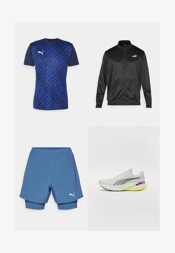 Schwarze Zip-Jacke aus glattem, glänzendem Stoff. Merkmale sind ein hoher Kragen, zwei Fronttaschen und ein weißes Puma-Logo auf der linken Brust.; Puma TEAMULTIMATE - T-Shirt print - navy; Puma blaue Sportshorts mit einem geschichteten Design, elastischem Bund, glatter Textur und einem weißen Logo am unteren Bein.; Weißer Sportschuh mit atmungsaktivem Obermaterial aus Mesh, schwarzen Akzenten und einer mehrfarbigen Sohle mit lila und grünen Details.