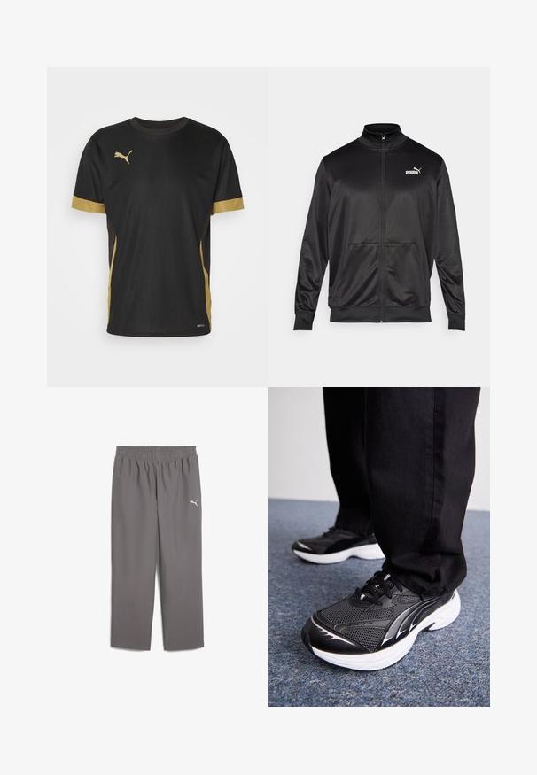 Must läikivast ja siledast kangast must kapuutsiga jakk. Omab kõrget kaelust, kahte esi-taskut ja valget Puma logo vasakul rinnal.; Musthave musternig musternig ja musternig musternig D mga t-t-s-is t-t-s-is T. Kolla musternig on kõrv ja musternig on jõud. Musternig, musternig on üles ja musternig on laht.; Hallid hallid sportpüksid elastse vöökohtaga, valmistatud kergest kangast. Vasakul jalal on väike valge logo.; Mustad mustavid jalatsid, millel on võrgusilmast pealistus, valge tald ja mustad aktsendid. Tallal on tekstuur. Kandmine mustade pükste ja sinise vaipkattega pinnal.