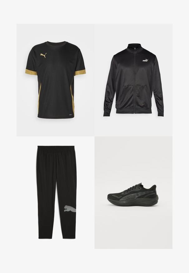 Jachetă neagră cu fermoar, made dintr-un material neted, lucios. Dispune de un guler înalt, două buzunare frontale și un logo alb Puma pe pieptul stâng.; Tricou sport negru cu accente aurii pe mâneci și lateral. Dispune de guler rotund, mâneci scurte și țesătură DRYCELL care absoarbe umiditatea.; Pantaloni sport negri dintr-un material ușor. Au un elastic la talie, buzunare laterale și un design reflectorizant cu un puma pe partea inferioară a piciorului.; Pantofii sport negri, cu un superior din plasă texturată, șireturi plate și o talpă căptușită cu accente reflectorizante subtile.