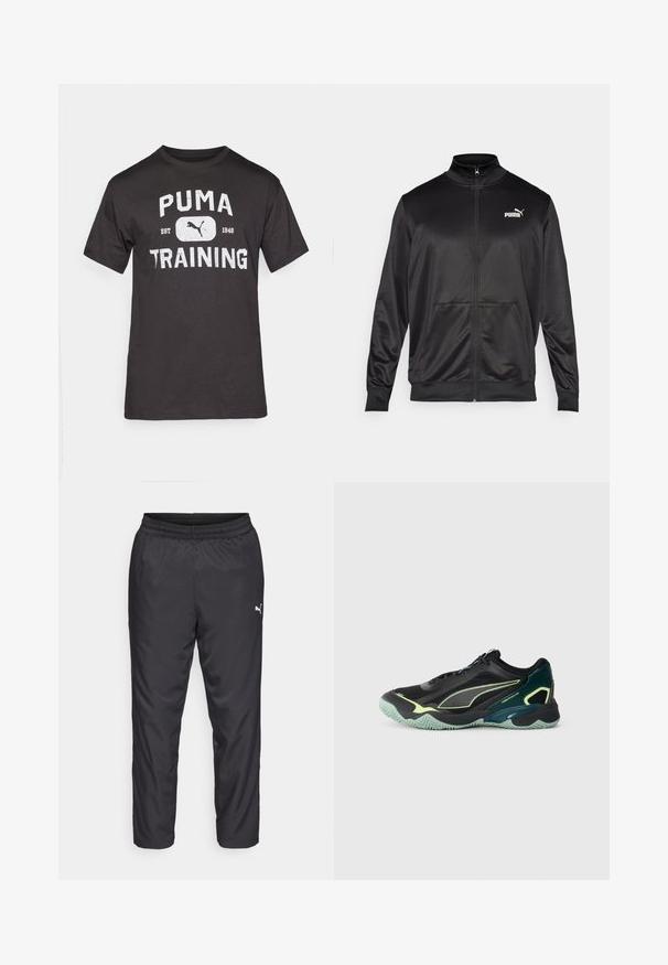 Must läikivast ja siledast kangast must kapuutsiga jakk. Omab kõrget kaelust, kahte esi-taskut ja valget Puma logo vasakul rinnal.; Must värvi lühikeste varrukatega puuvillane T-särk, millel on suur valge graafika, mis kannab sisu "PUMA TRAINING" ja PUMA logo.; Mustad mustranahad, mis on valmistatud sileda ja kergest materjalist. Omab elastset vöökohta ja väikest valget logo vasakul küljel.; Mustad mustreeritud võrkkattega mustad sportlikud jalanõud, teal'hallid aktsendid ja paindlik roheline tald, millel on siksakmuster. Paelad ja tihendatud varvaste ala.