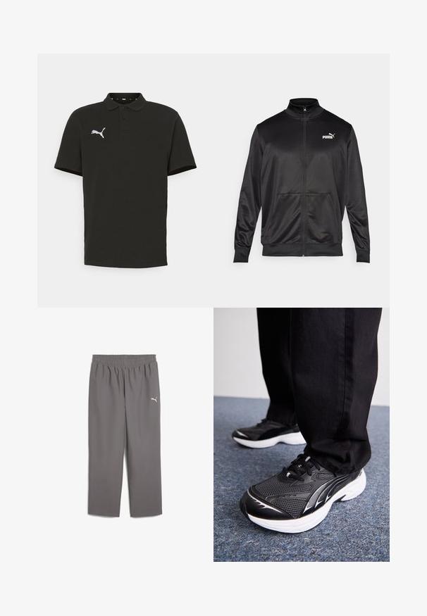 Must läikivast ja siledast kangast must kapuutsiga jakk. Omab kõrget kaelust, kahte esi-taskut ja valget Puma logo vasakul rinnal.; Must musta t-särk klassikalise kraega, kahte nööpi, lühikeste varrukatega ning valge Puma logo vasakul rinnal.; Hallid hallid sportpüksid elastse vöökohtaga, valmistatud kergest kangast. Vasakul jalal on väike valge logo.; Mustad mustavid jalatsid, millel on võrgusilmast pealistus, valge tald ja mustad aktsendid. Tallal on tekstuur. Kandmine mustade pükste ja sinise vaipkattega pinnal.