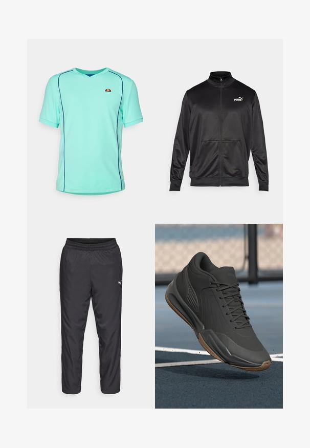 Melnā ar rāvējslēdzēju aizdaram veste, izgatavota no gludas, spīdīgas auduma. Tam ir augsta apkakle, divas priekšējās kabatas un balts Puma logotips kreisajā krūtī.; Tirkīza krāsas īsām piedurknēm sporta krekls ar V veida kakla izgriezumu. Iezīmēts ar kontrastējošiem zilajiem diegiem un mazu logotipu uz krūts. Faktūras audums.; Melnas sporta bikses, kas izgatavotas no gluda, viegla materiāla. Iespējas ietver elastīgu jostu un mazu baltu logotipu kreisajā pusē.; Melna sporta apava ar gludu sintētisku virsu, teksturētām akcentiem un gumijas zoli, kas izstrādāta veiktspējai un komfortam.