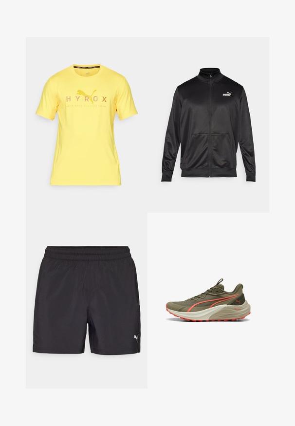 Sort zip-jakke lavet af glat, skinnende stof. Har en høj krave, to forlommer og et hvidt Puma-logo på venstre bryst.; Puma HYROX ALWAYS ON CLOUDSPUN TEE - Sports T-shirts - sun stream; Sorte træningsshorts med elastisk talje, lavet af letvægtsmateriale, med et lille hvidt logo på den nederste side.; Olivengrøn løbesko med en tekstureret overdel, koralfarvede accenter og en tyk hvid mellemsål. Udstyret med en holdbar gummisål for godt greb.