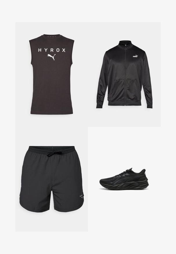 Must läikivast ja siledast kangast must kapuutsiga jakk. Omab kõrget kaelust, kahte esi-taskut ja valget Puma logo vasakul rinnal.; Must värviline ilma käistega sportlik särk, mis on valmistatud puuvillast, tekstiga "HYROX" valgetes tähtedes ja valge Puma logo allpool.; Mustad ujumispüksid elastse vöökoha ja nööriga. Kerged kangad küljetaskutega. Hemis on väike logo.; Must mustus kingad tekstuuriga ülemise osaga, kõverdunud tald ja tugevdatud konts. Omab paelu ja diskreetset külge kaunistavat elementi.