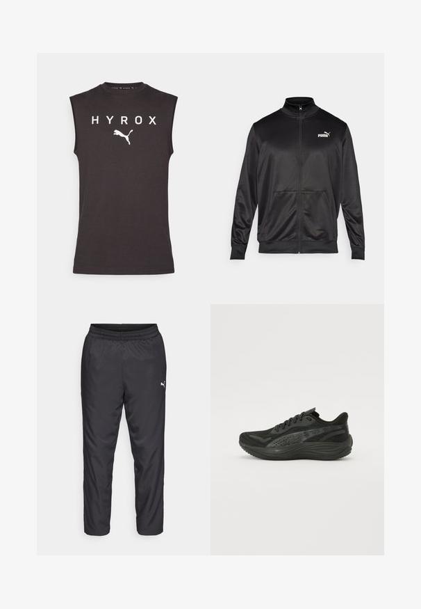 Juodas zip-up švarkas, pagamintas iš lygaus, blizgaus audinio. Turintis aukštą apykaklę, dvi priekinės kišenes ir baltą Puma logotipą kairiajame krūtinės kampe.; Juodas be rankovių sportinis marškinėlis, pagamintas iš medvilnės, su užrašu "HYROX" baltais rašmenimis ir balta Puma logotipu po tekstu.; Juodos sportinės kelnės, pagamintos iš lygaus, lengvo medžiagos. Savybės: elastinė juosmens juosta ir maža balta logotipas kairėje pusėje.; Juodos sportinės bateliai su tekstūruotu mezginiu, plokščiomis raištelėmis ir paminkštintu padu, turinčiu subtilius atspindinčius akcentus.